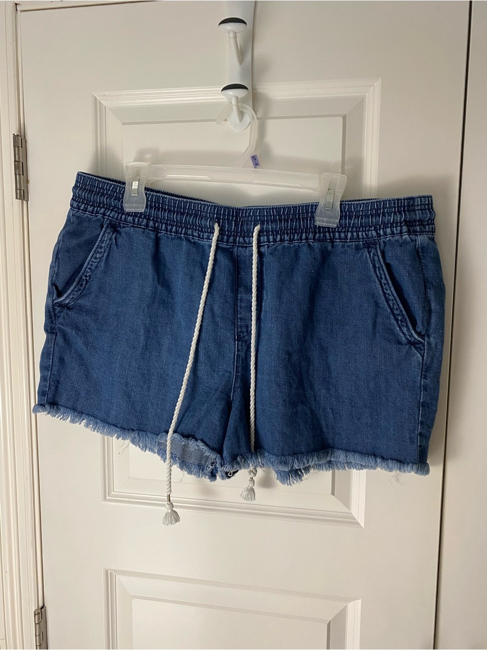 LOFT Denim Drawstring Frayed Hem Shorts - Medium Blue